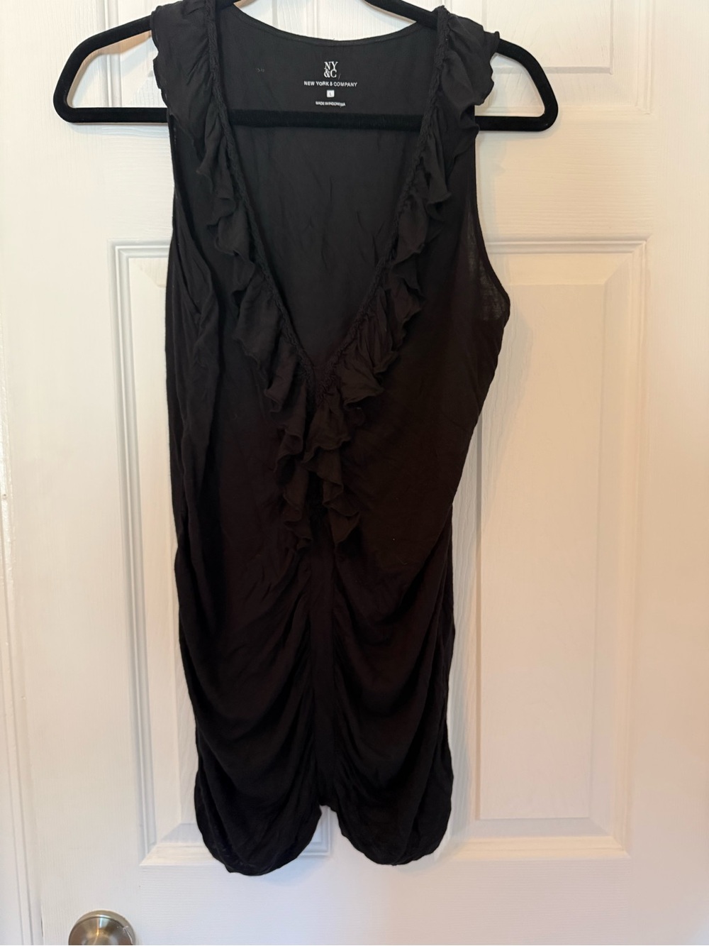 New York & Company Black Sleeveless V-Neck Tank with Ruffle Trim